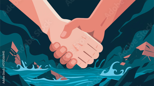 illustration of hands holding each other tightly amidst a dark and turbulent background vector design template