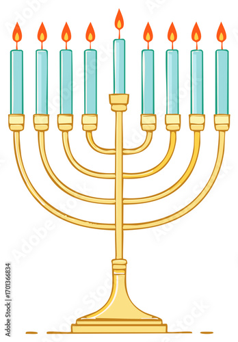 Cartoon Menorah with Nine Lit Candles Holiday Celebration Symbol