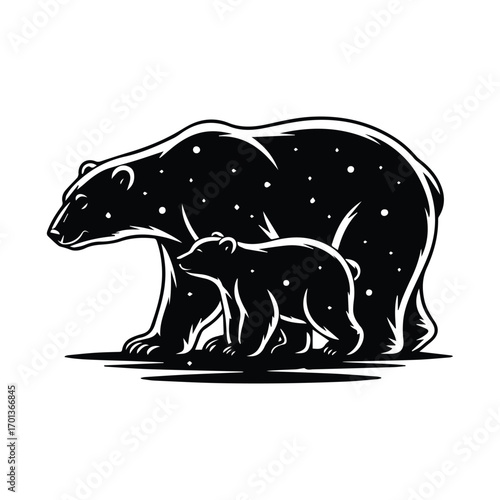 Monochrome illustration of a mother bear with her cub in stylized graphic art