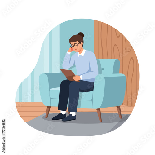 A pensive person reviews notes while seated in a comfortable armchair during a therapy session.