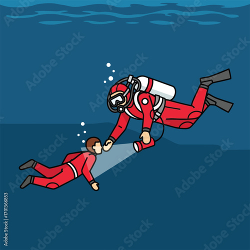 Underwater rescue: a diver assists an unconscious diver with a flashlight.
