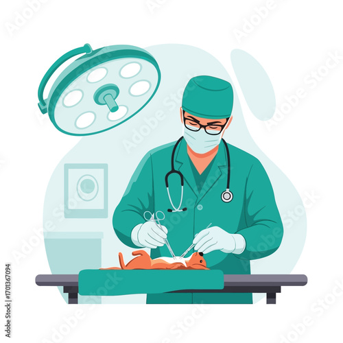 A veterinarian in surgical attire performing an operation on a small animal.