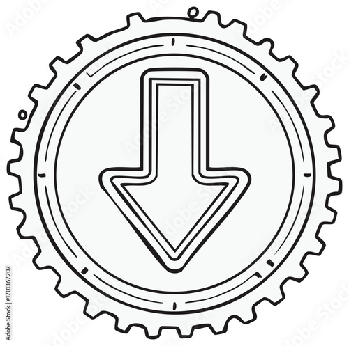 Vector illustration of an arrow pointing down inside a gear wheel. Symbol of downloading