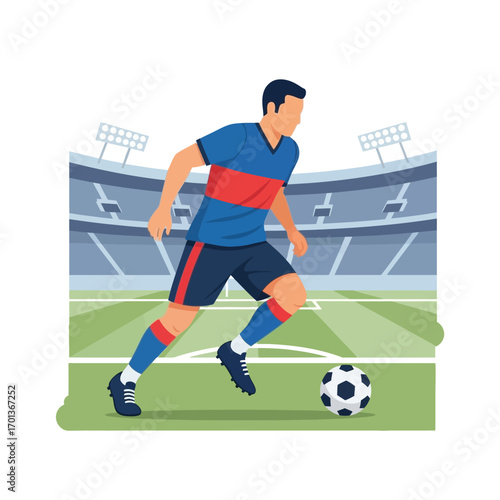 A soccer player in a blue and red uniform dribbles the ball on the field.