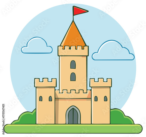 Cartoon fairytale castle illustration with a tower, red flag, and clouds