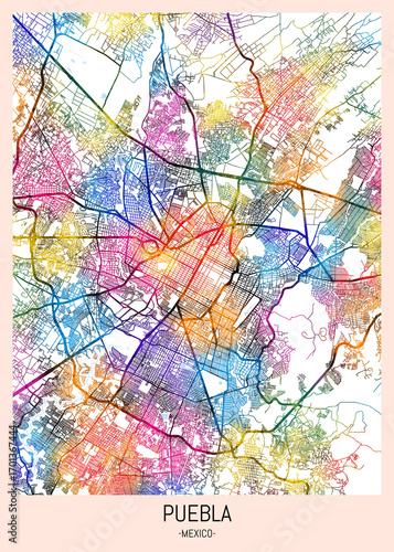 Wallpaper Mural Puebla Mexico City Map. downtown printable Landmarks print painting, travel art banner modern city, urban city art, background abstract Torontodigital.ca