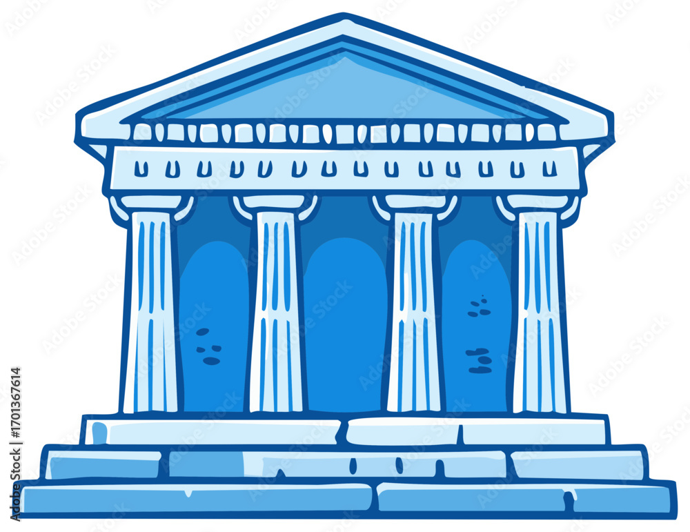 Obraz premium Classic cartoon illustration of a blue stone greek temple with columns and steps, government symbol or educational historical monument, isolated.