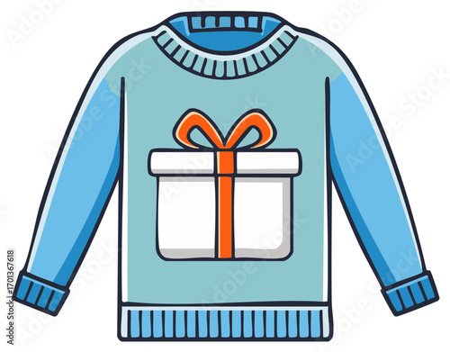 Hand-drawn illustration of a light blue sweater with a white gift box and orange bow graphic