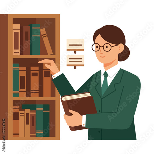 Woman in glasses selects a book from a bookshelf in a library.