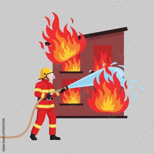 Firefighter in red uniform extinguishing a building fire with a water hose, flames visible through windows.