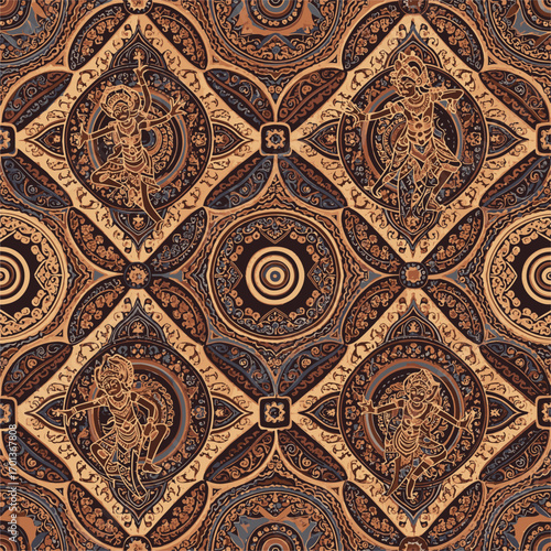 Intricate repeating pattern featuring stylized dancers and ornate decorative elements in warm tones., seamless pattern, Stock royalty image.