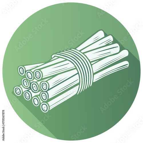 Illustration of a bundle of lemongrass stalks tied together on a green circle background