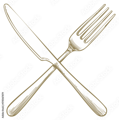 Crossed engraved knife and fork symbolize cuisine, dining establishment, menu design with elegant lines in beige tones