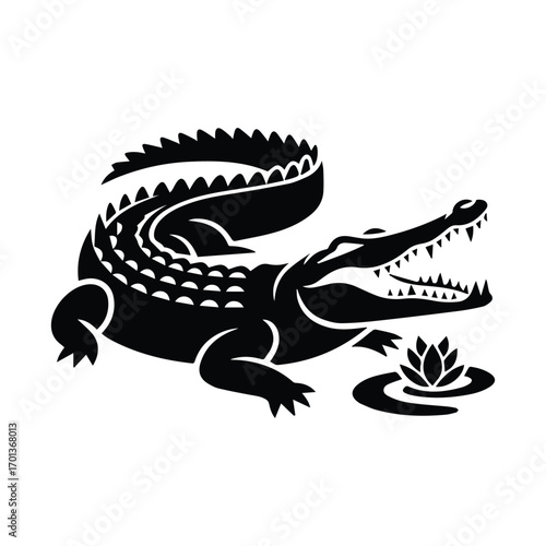 Monochrome alligator with water lily in minimal design for logo and branding projects