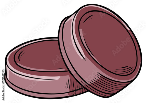 Two maroon hockey pucks with black outlines and light shading creating a dimensional effect