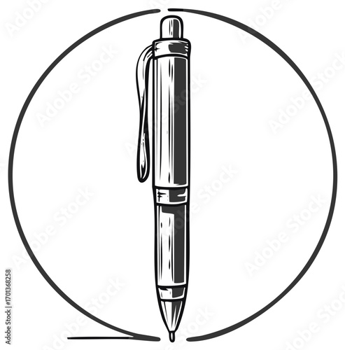 Pen Sketch within a Circle, Ink Style Illustration of a Writing Instrument