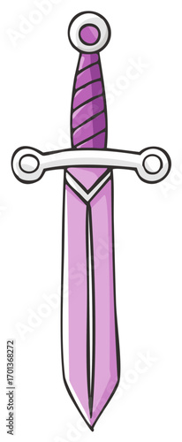 Whimsical purple sword with a coiled hilt and pointed blade in a cartoon style