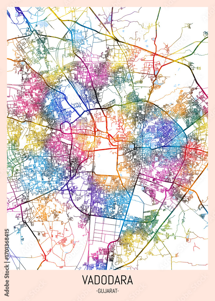Obraz premium Vadodara Gujarat City Map. downtown printable Landmarks print painting, travel art banner modern city, urban city art, background abstract