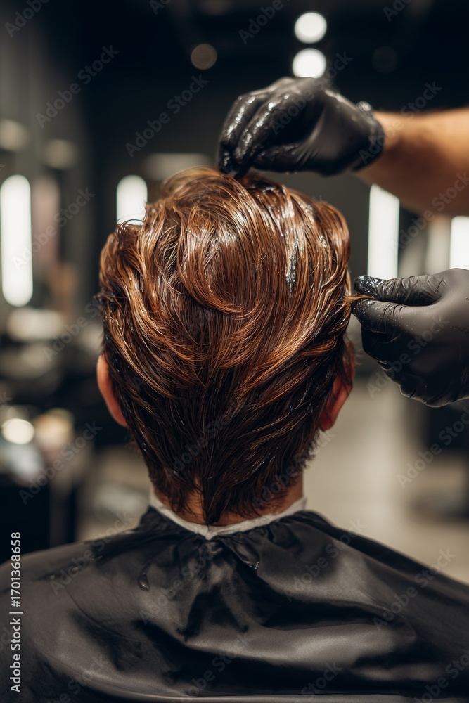 Fototapeta premium Back view of male client in salon chair with stylist applying rich brown hair dye, soft lighting and blurred contemporary salon background, haircare and professional styling concept