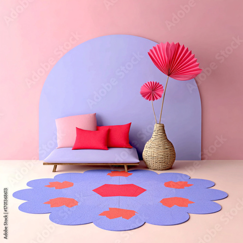 Rug - A blue mat with orange geometric patterns