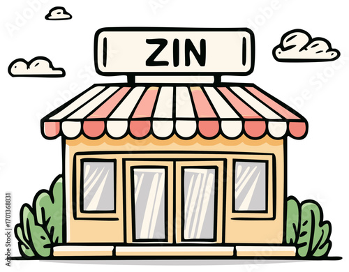 Cartoon storefront building with awning and ZIN sign against a sky with clouds