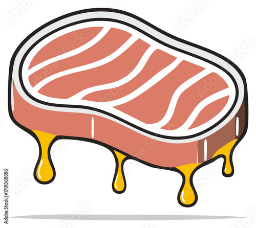 Cartoon steak dripping with golden liquid vector illustration. Juicy grilled meat icon for food and cooking concepts.