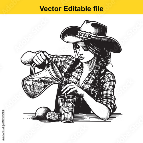 Woman in cowboy hat pouring lemonade into a glass, isolated on white background