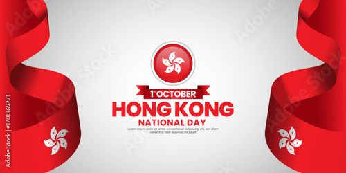 Hong kong national day banner background 1st october design element with waving ribbon flag