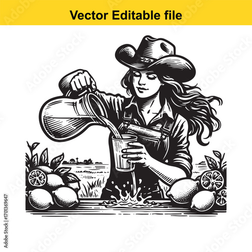 Cowgirl pouring fresh lemonade from a pitcher into a glass, surrounded by lemons