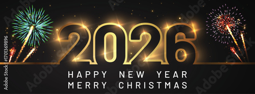 Happy new year 2026 Elegant text with light effect and fireworks.