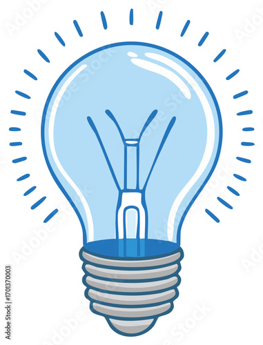 Cartoon illustration of a bright blue glowing light bulb symbolizing a brilliant new idea innovation or creative thought