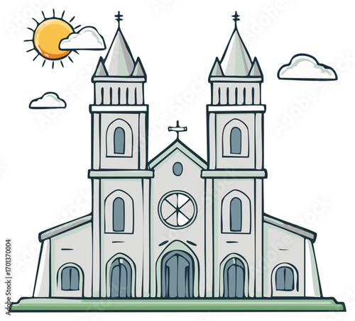 Simple cartoon drawing of a large church building with two towers and a sunny sky