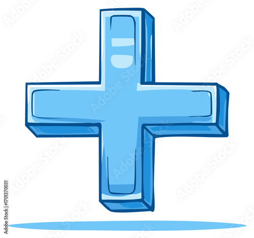 Blue cartoon plus sign symbol in three dimensional style for mathematical addition or positive concepts