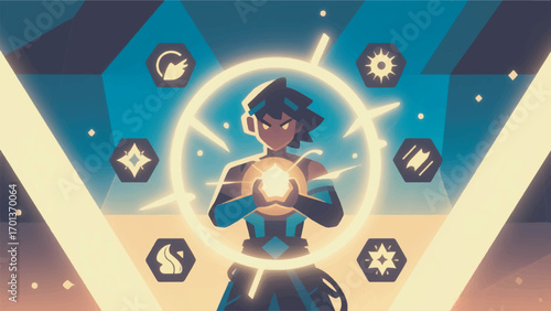 illustration of a character surrounded by an aura of light with skill icons vector design template