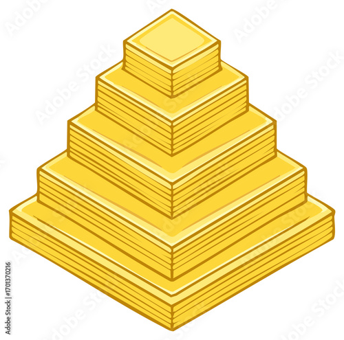 Golden Square Pyramid, 3D Isometric Stacked Structure, Financial Growth and Success Concept