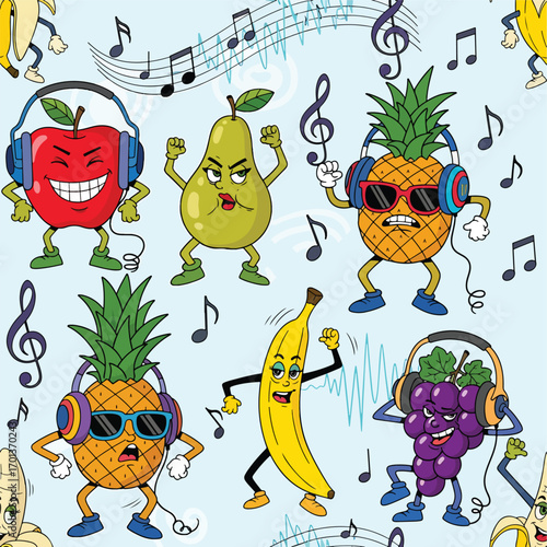 Seamless pattern of happy cartoon fruits wearing headphones and dancing happily, patern seamless, Stock royalty.
