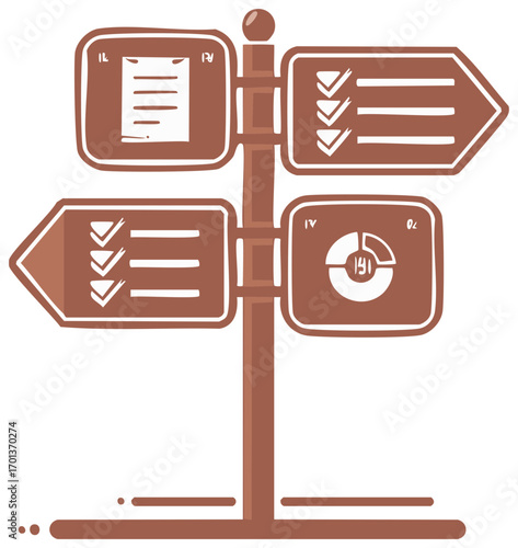 Directional Signs with Checklist Document and Pie Chart Data for Business Processes