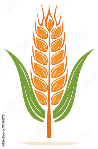 Stylized graphic illustration of a single ripe golden wheat stalk with green leaves