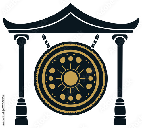 Ornate Traditional Asian Gong Hanging in a Temple Archway Vector
