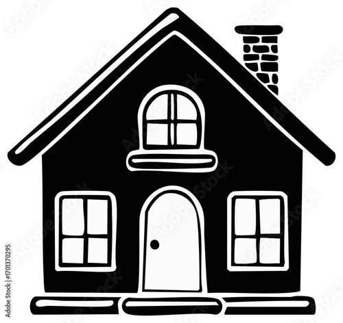 Stylized house with arched window and chimney: Simple black and white home icon, dwelling with roof and rectangular windows.
