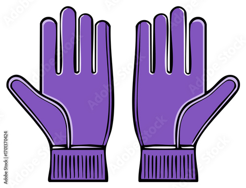 A pair of purple gloves illustration for hygiene, protection and industrial use with black outline, front view, isolated, simple design