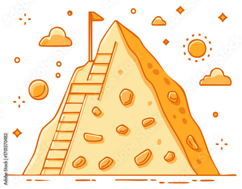 Mountain peak with ladder and flag symbolizing goal achievement and business success journey