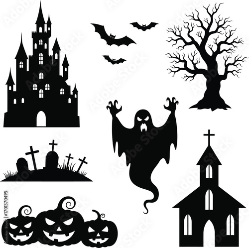 Black silhouettes of a castle bats a spooky tree a graveyard pumpkins a ghost and a church vector
