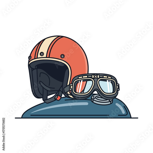 Retro motorcycle helmet and goggles on a fuel tank, vintage biker accessories for classic motorcycle riding, symbolizing freedom and adventure on the open road