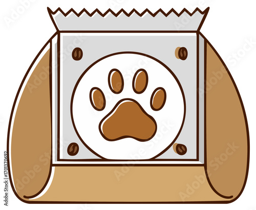 Coffee bag with animal footprint, cafe product logo with pet paw, coffee bean illustration for domestic animals