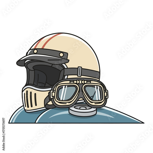 Vintage Motorcycle Helmet and Goggles Illustration, Retro Biker Gear for Adventure and Speed, Classic Style Protection for the Open Road, Nostalgic Design