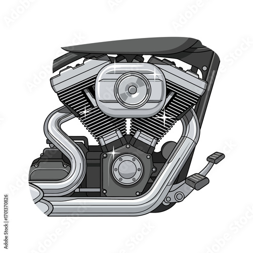 Detailed, realistic illustration of a powerful V-twin motorcycle engine, showcasing its intricate mechanical components and gleaming chrome accents, perfect for automotive enthusiasts
