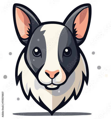 Stylized illustration of a cute dog with black and white coat and expressive eyes.