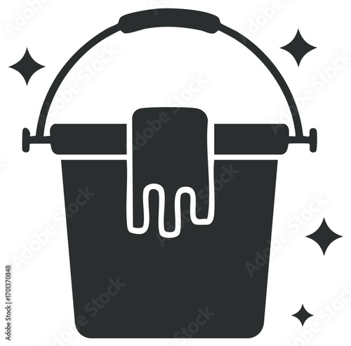 Cleaning bucket with draped cloth and sparkling stars icon