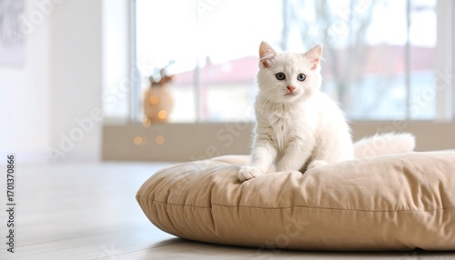 White kitten on beige cushion indoors